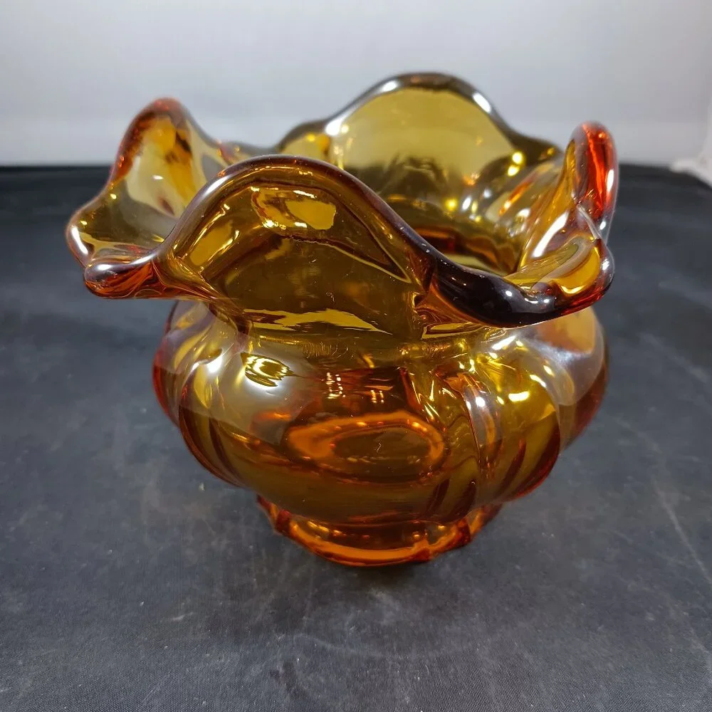 Fenton 1960's Art Glass Ruffled Rose Bowl Vase in Colonial Amber
